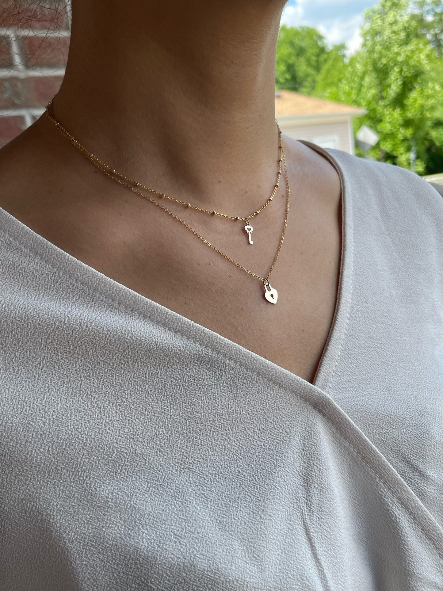 14K Gold-Filled Heart Lock and Key Double Strand Necklace