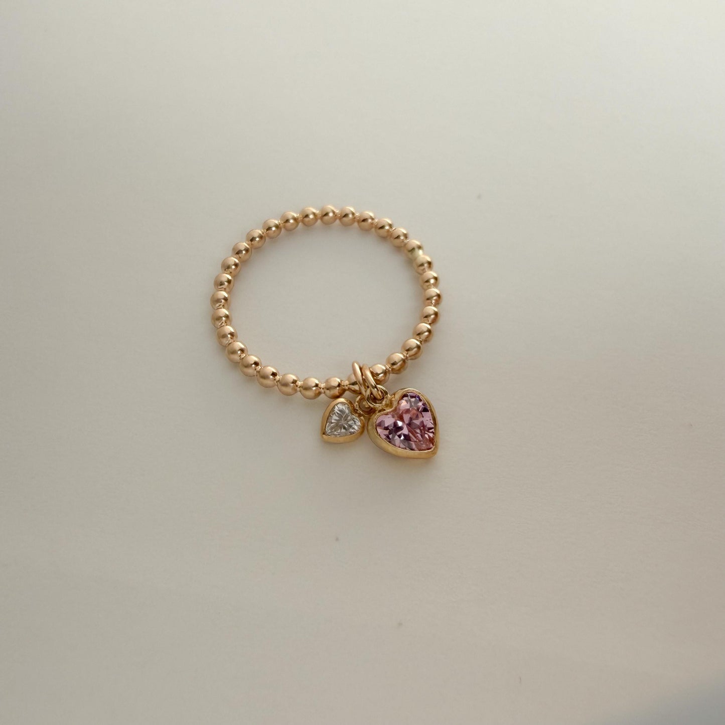 14K Gold-Filled Double Heart Diamond CZ Ring – Dainty Beaded Band