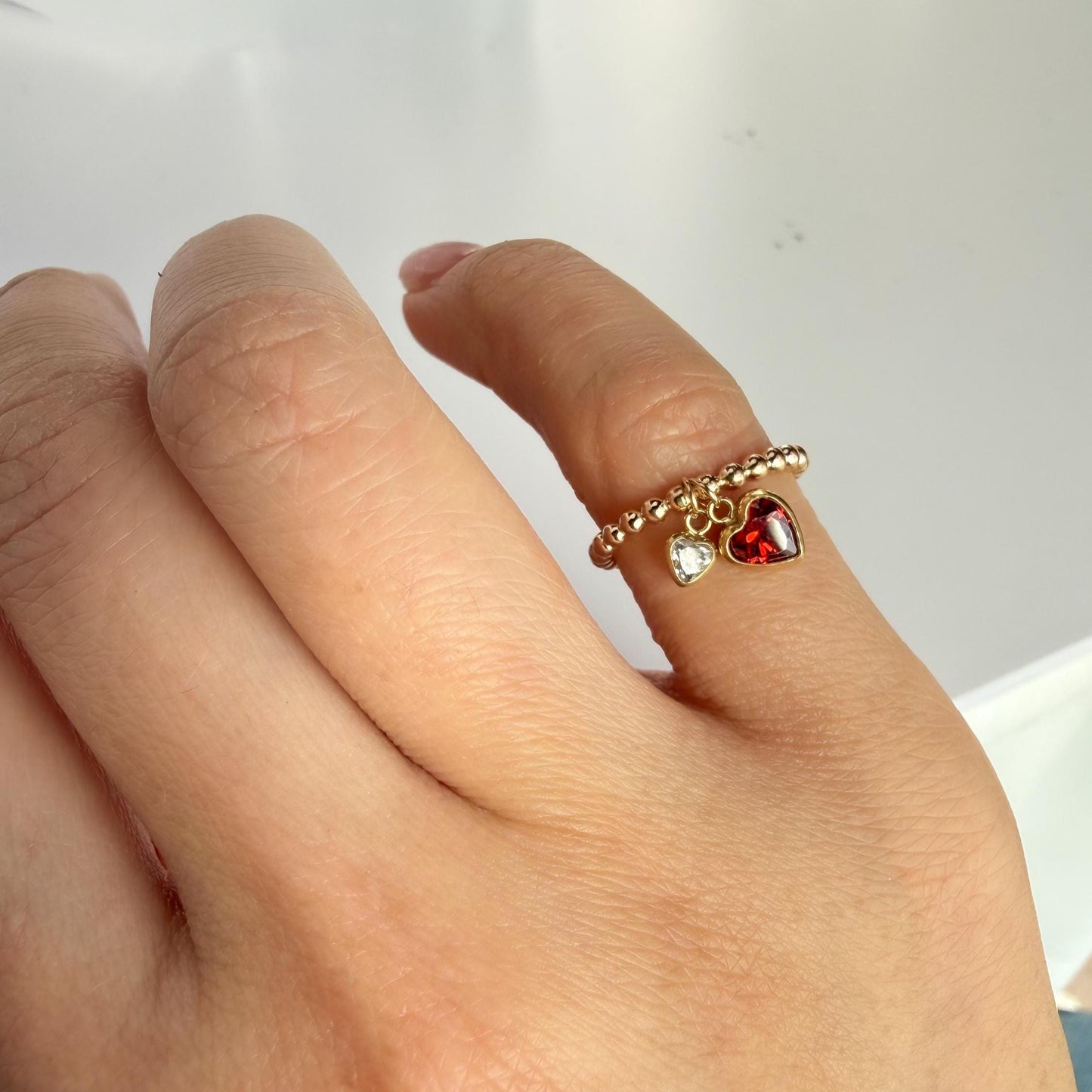 14K Gold-Filled Double Heart Diamond CZ Ring – Dainty Beaded Band