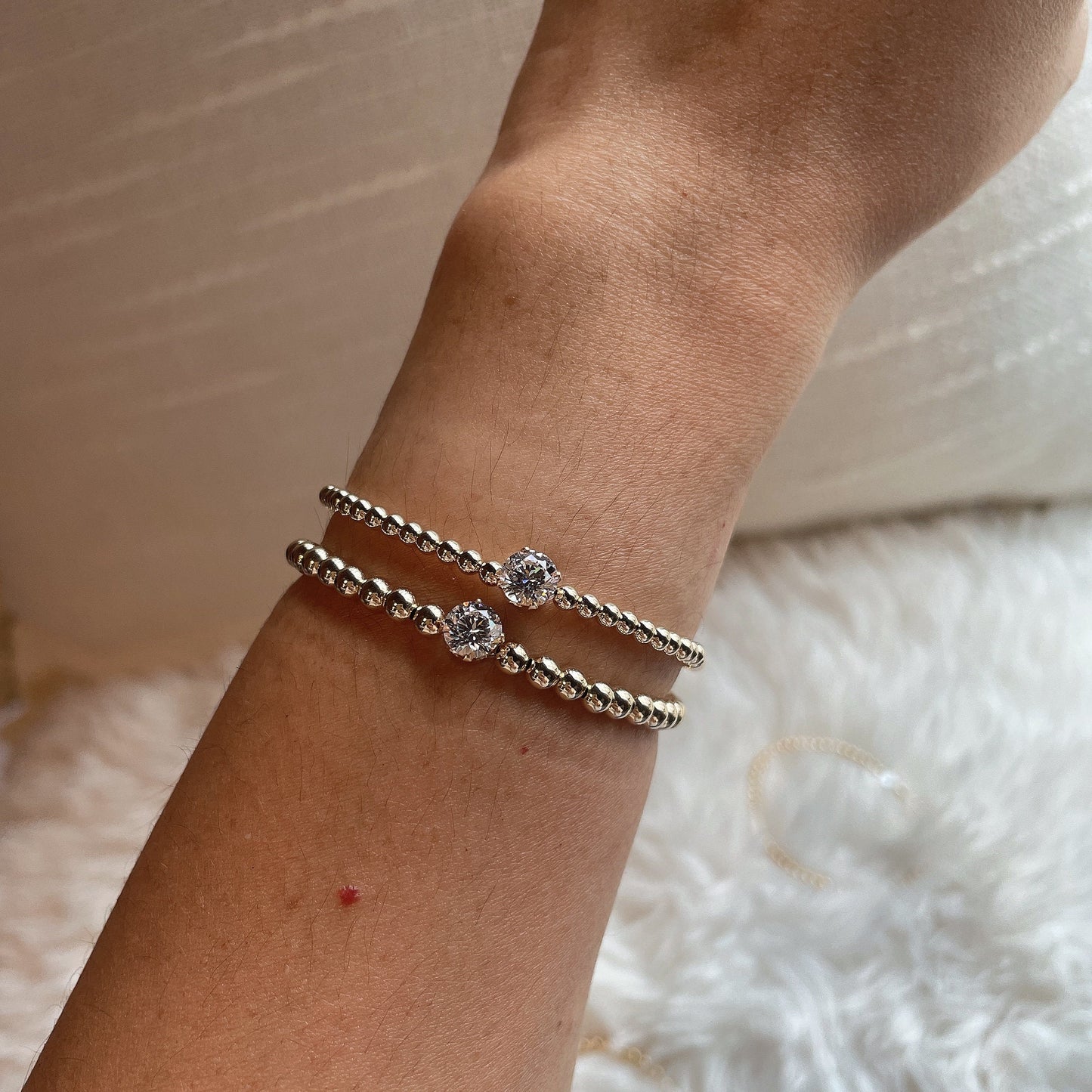 Belief Diamond Collection - 14K Gold Filled Beaded Bracelet: Lab Grown Diamond Solitaire