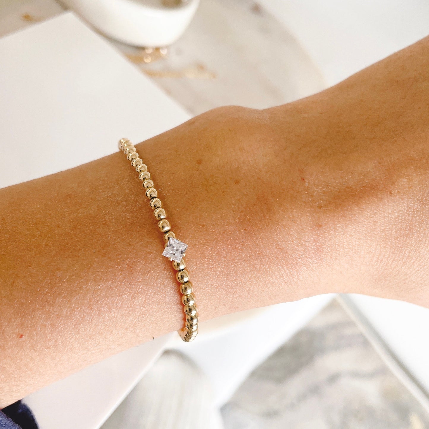 14KGF 3mm Gold Beaded Solitaire Bracelet, Square Diamond CZ Point, Gold Bead Bracelet, Gold Filled Bead Bracelet 1/20 14K