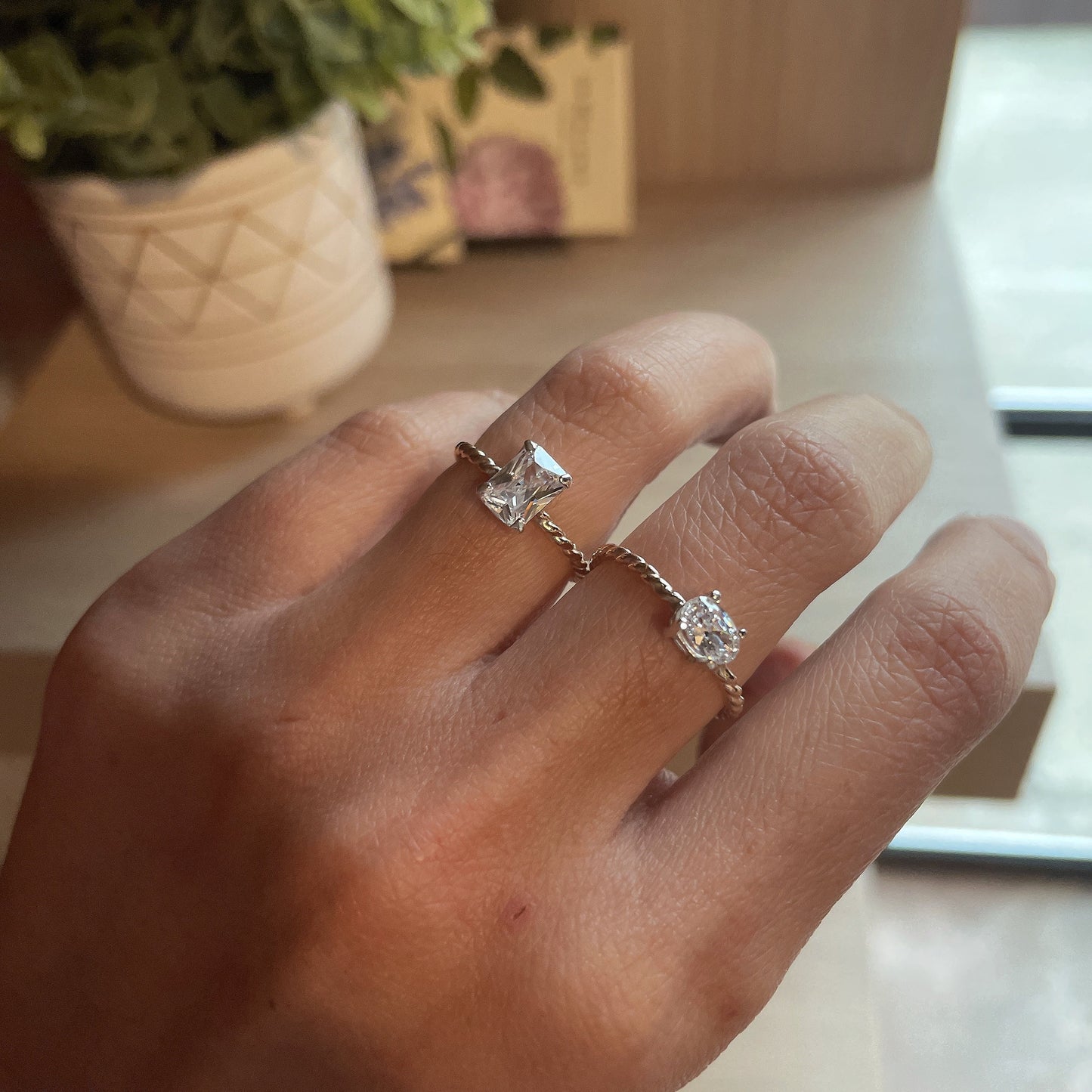 14KGF Emerald Cut CZ Ring: Twisted Band Solitaire