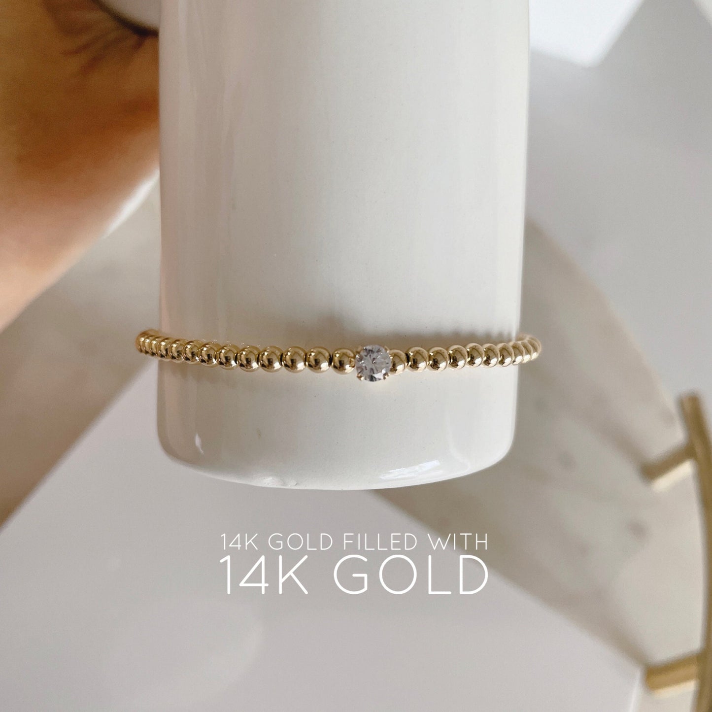 14K Gold Filled Beaded Bracelet: CZ Diamond Point Solitaire