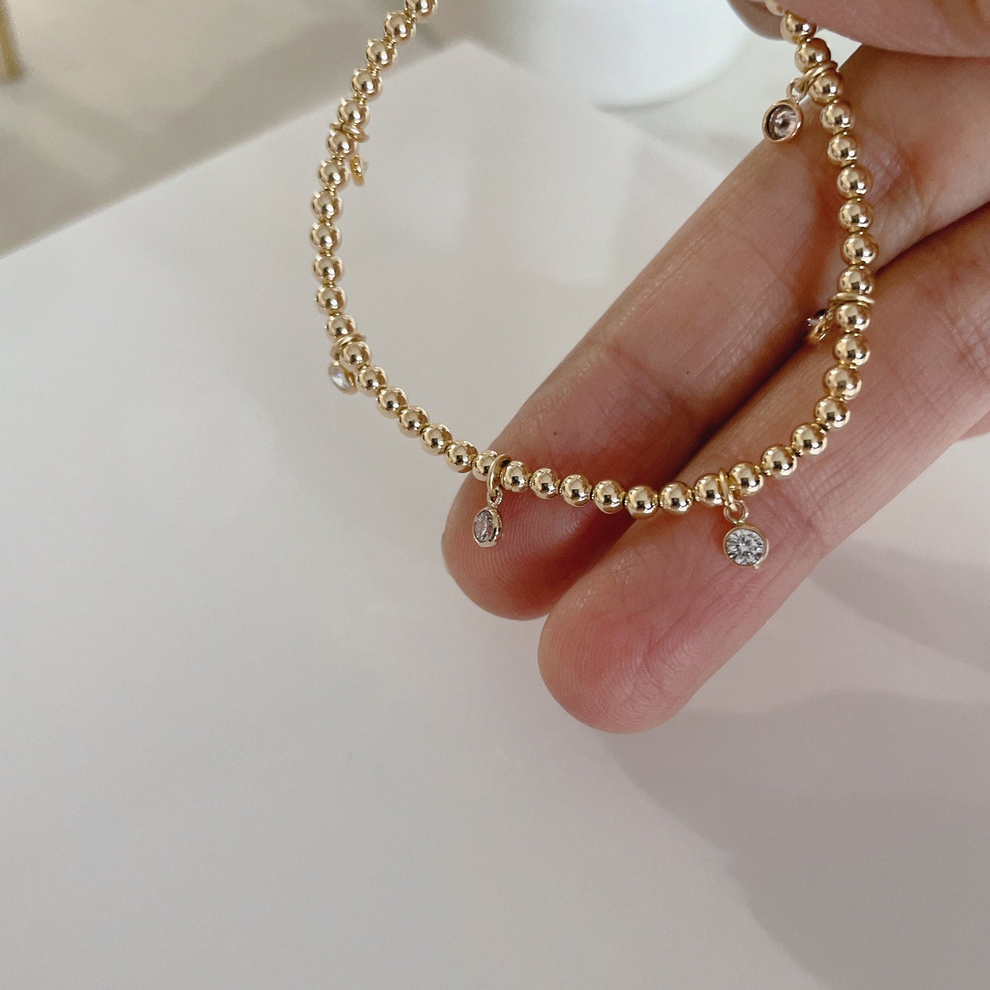 Belief Diamond Collection - 14KGF Beaded Bracelet with Diamond Dangles
