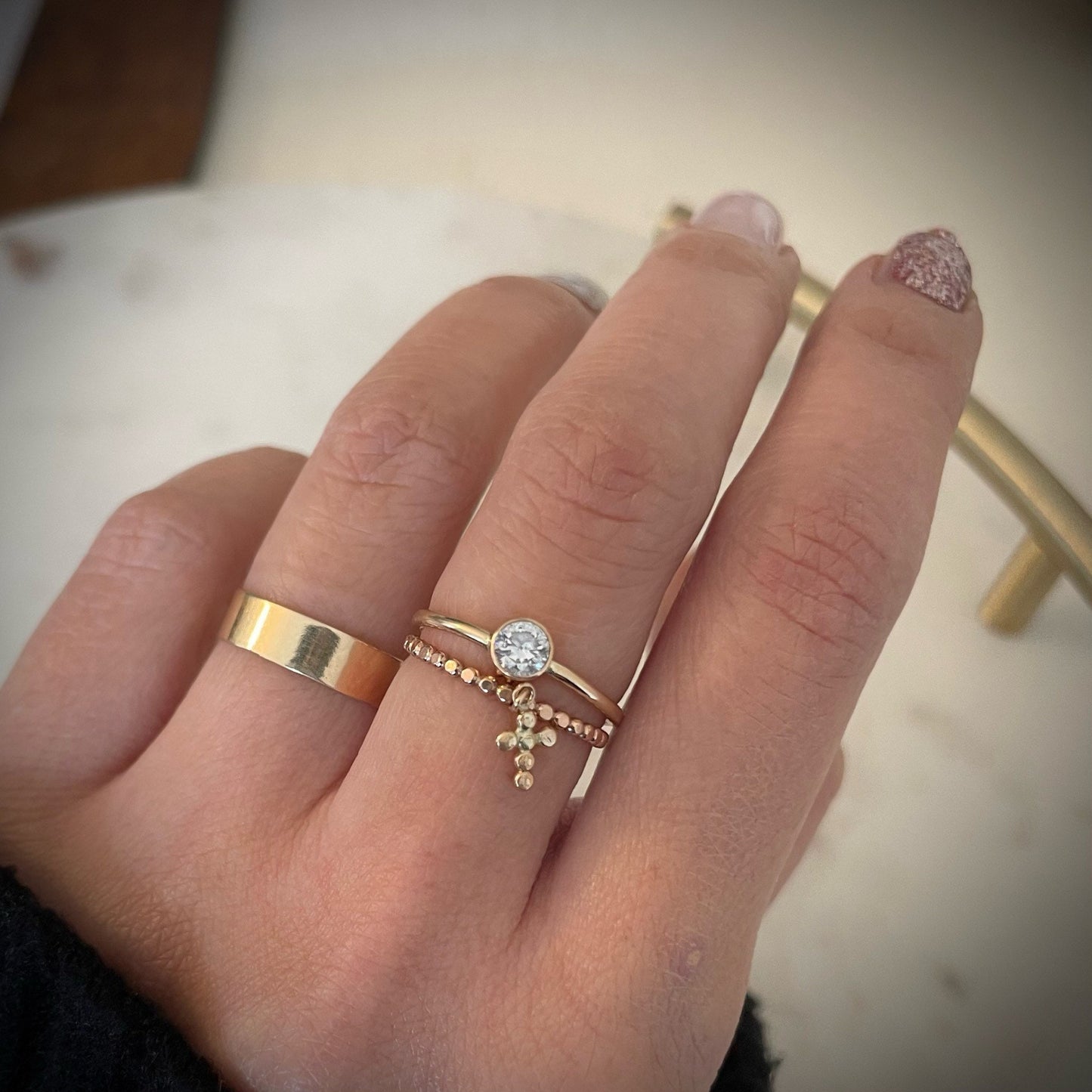 14KGF Cross Dangle Ring Set: Religious Rosary Style