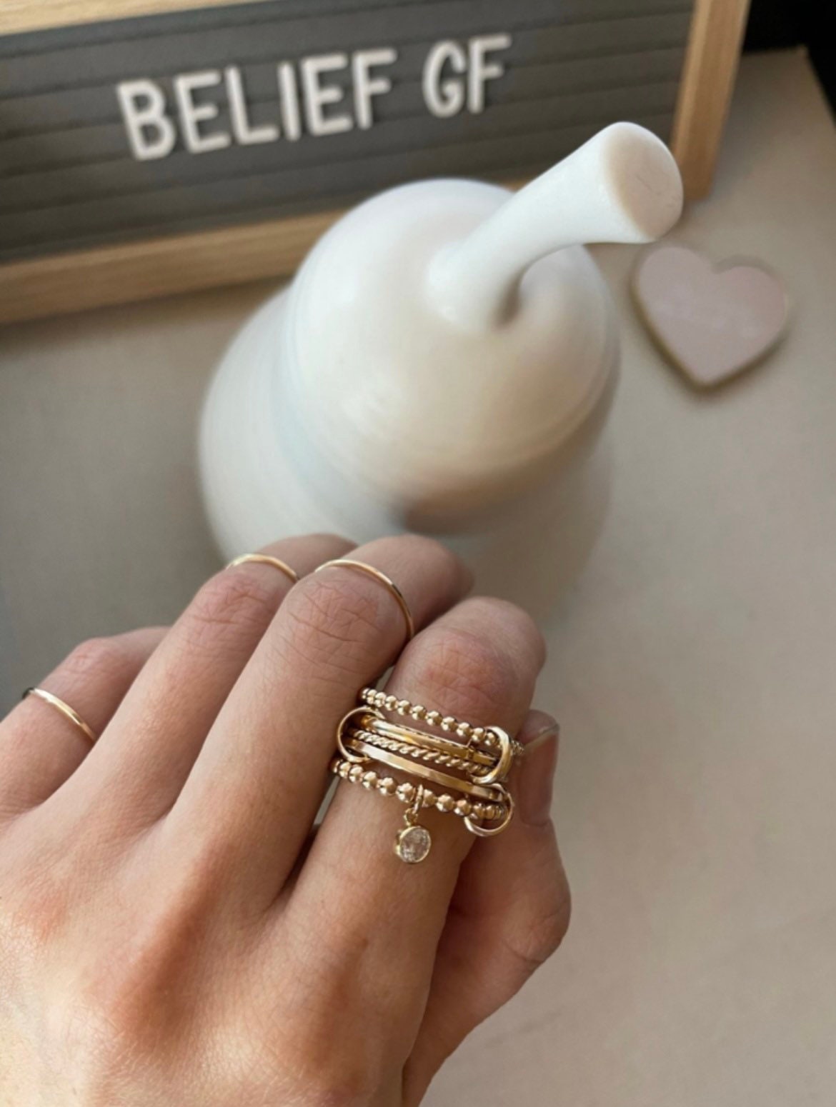 14KGF Gold Multi-Link Ring Set: Chunky Zircon Dangle Statement Ring (R9)