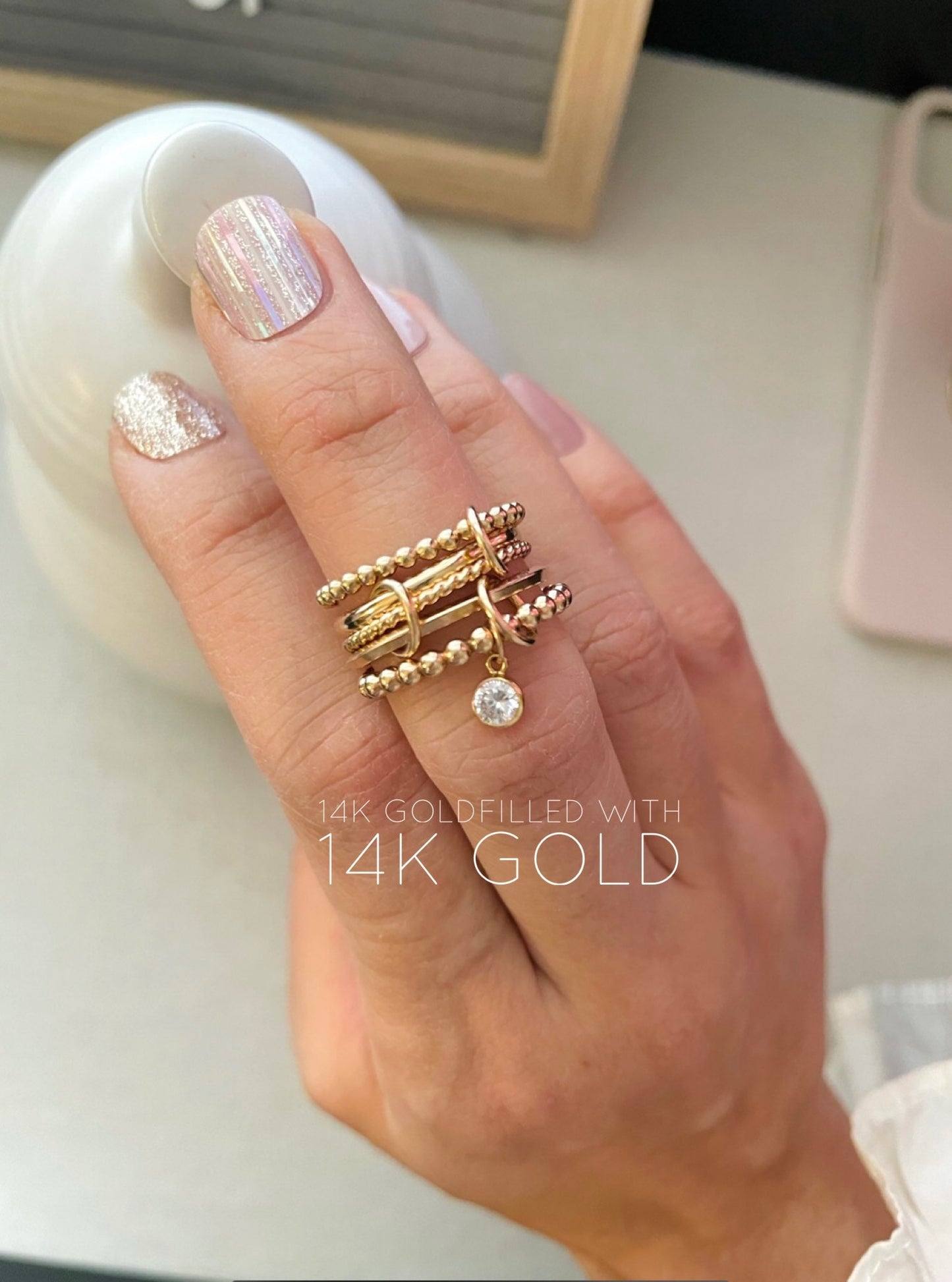 14KGF Gold Multi-Link Ring Set: Chunky Zircon Dangle Statement Ring (R9)