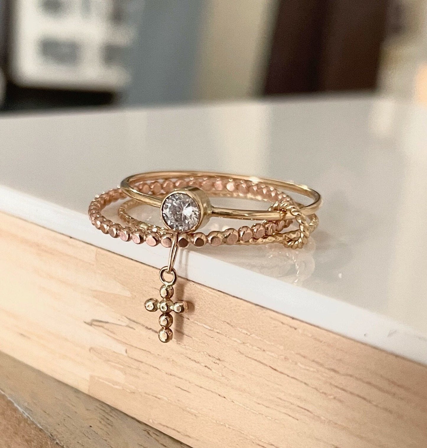 14K Gold Filled Rosary Ring Set: CZ Diamond Cross Dangle