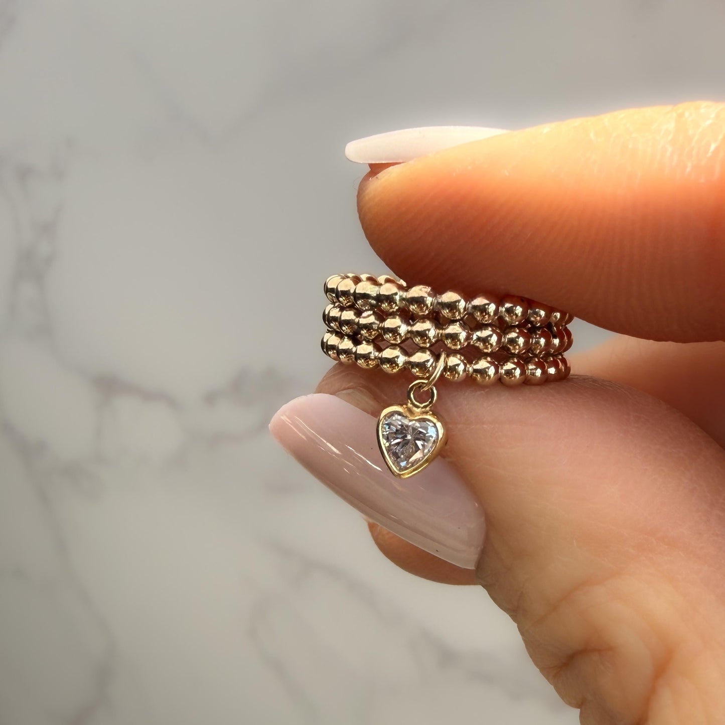 Belief Diamond Collection - Gold Filled Beaded Ring with Heart Charm, Triple Beaded Band, Stackable Pinky Ring, 4mm Moissanite Diamond or CZ