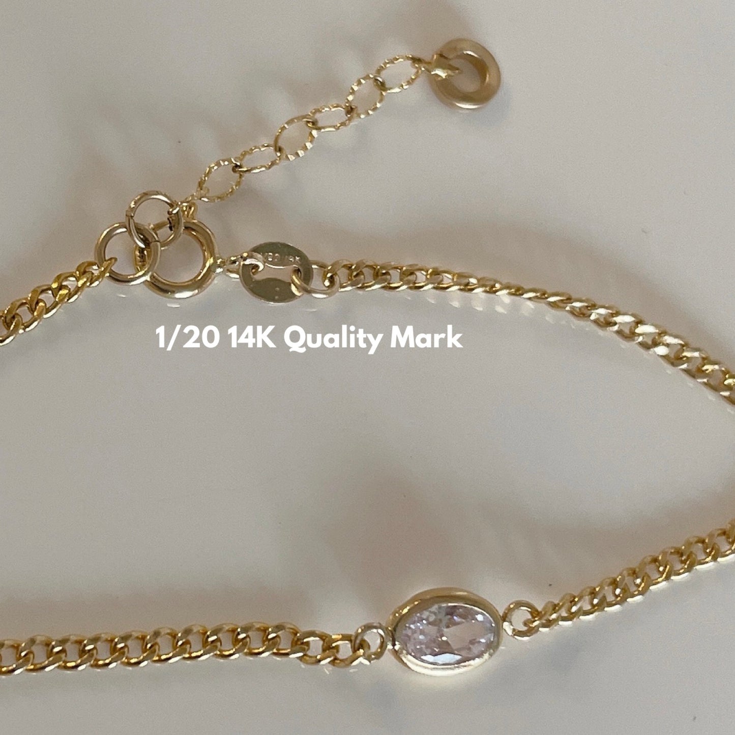 14KGF Cuban Curb Chain Bracelet: Oval CZ Solitaire, Dainty Gold