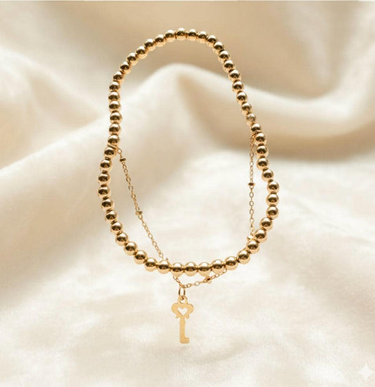 14KGF Dual Chain 3mm Gold Filled Beaded Bracelet | Easy Layered Look with Dainty Key Charm (B10)