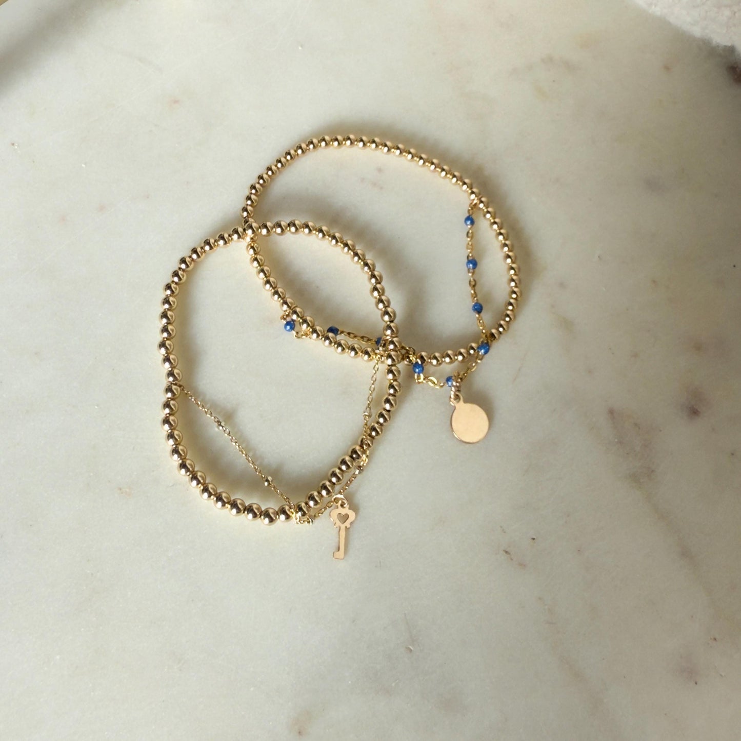 14KGF Dual Chain 3mm Gold Filled Beaded Bracelet | Easy Layered Look with Dainty Key Charm | Gold Filled Enameled Chain (B10, B11, B12)