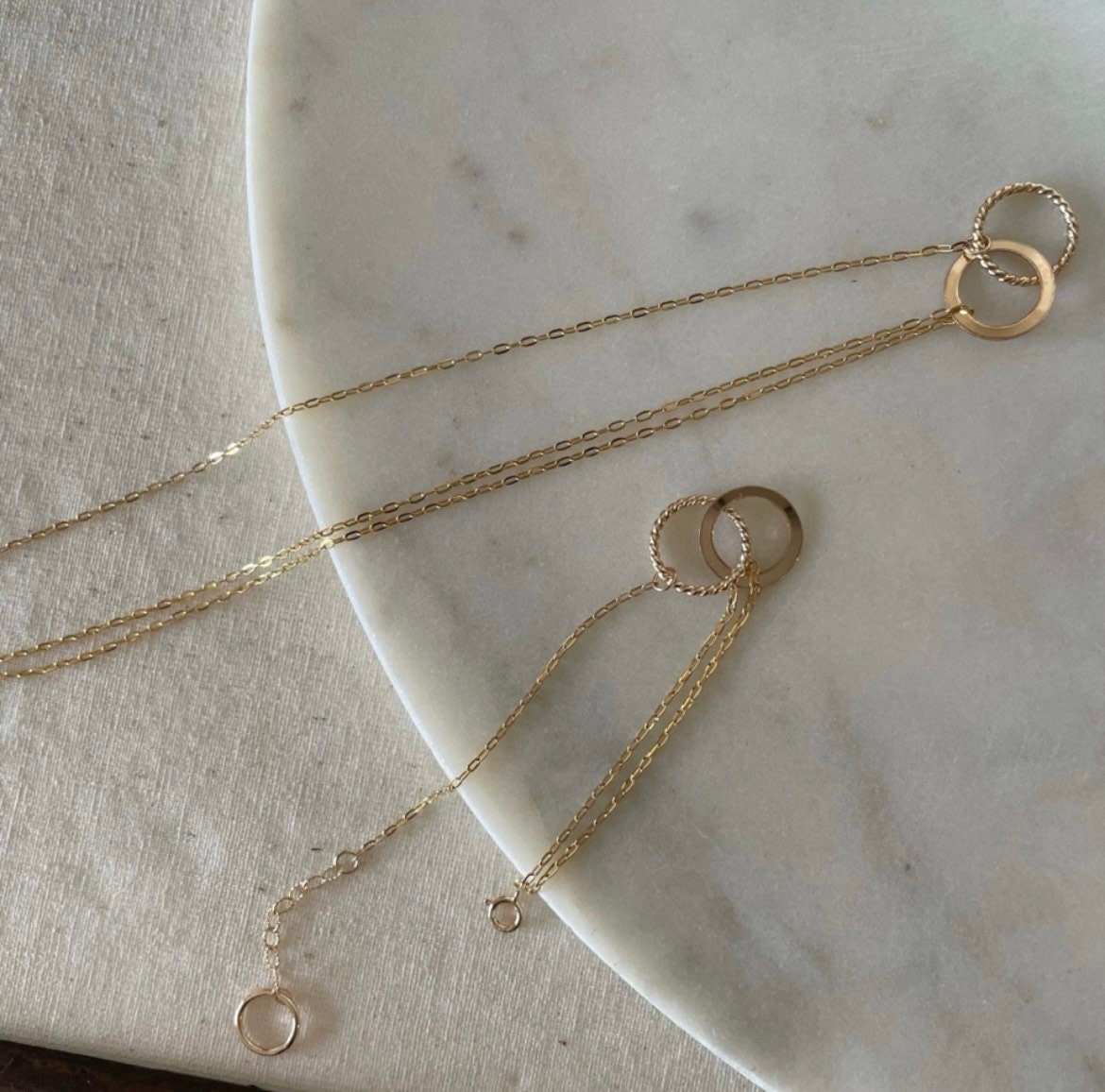 14K Gold Filled Necklace Bracelet Set: Disc Pendant, Double Strand