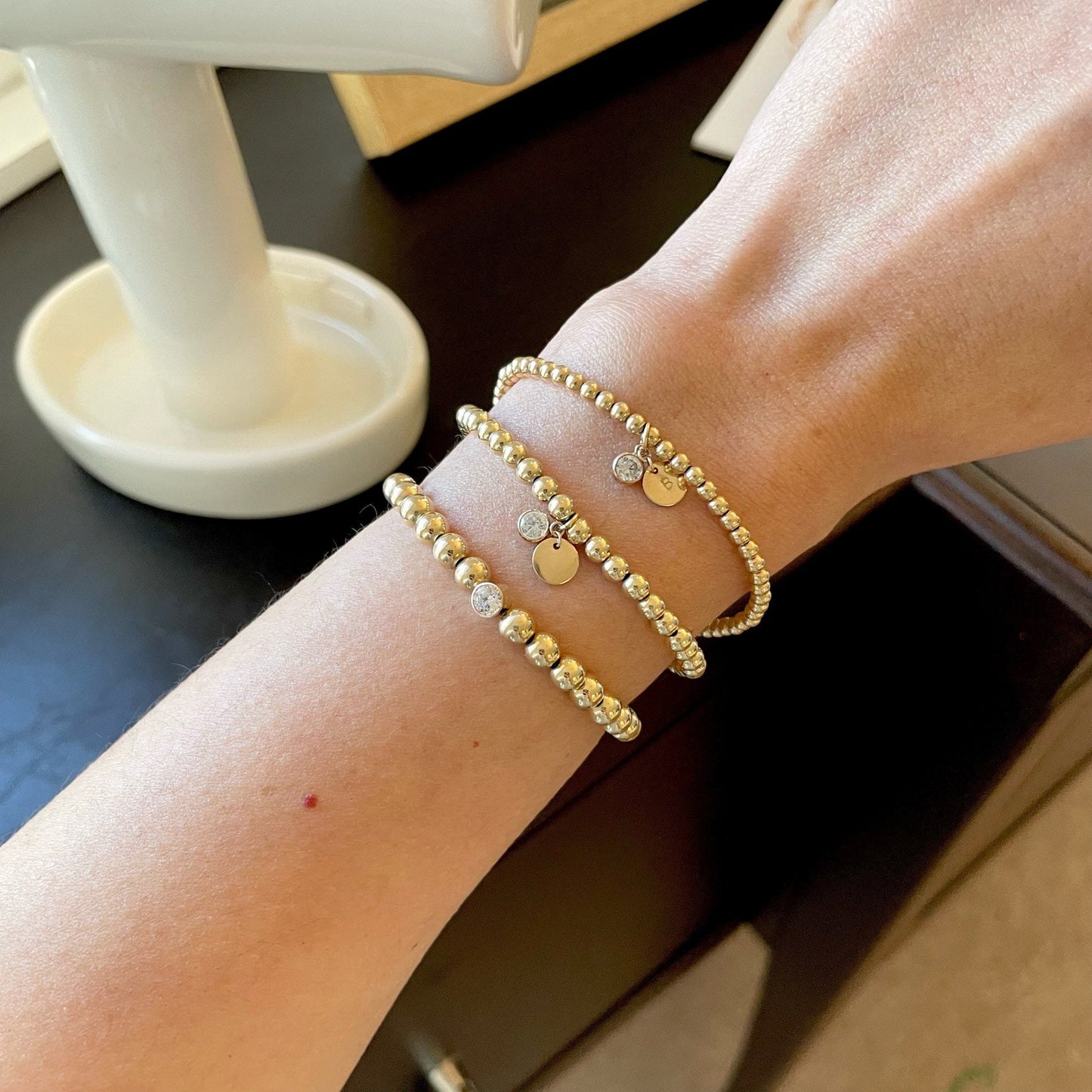 Belief Diamond Collection - 14K Gold Filled 3mm or 4mm Beaded Bracelet with Lab Diamond Drop & Personalized Disc Charm | Gold Ball Bracelet