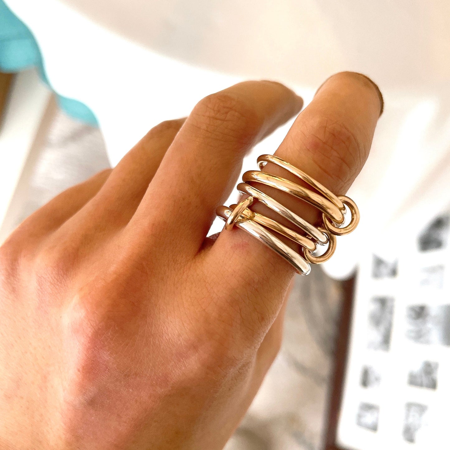14KGF Double Heavy Fit Gold & Silver Ring | 14KGF Layered Link Statement Ring – Mixed Metal Geometry and unapologetically bold (R14)