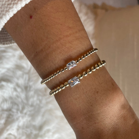 14K Gold Filled Beaded Bracelet: Diamond CZ Solitaire