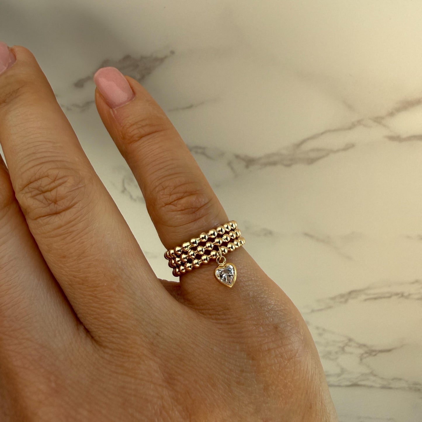 Belief Diamond Collection - Gold Filled Beaded Ring with Heart Charm, Triple Beaded Band, Stackable Pinky Ring, 4mm Moissanite Diamond or CZ