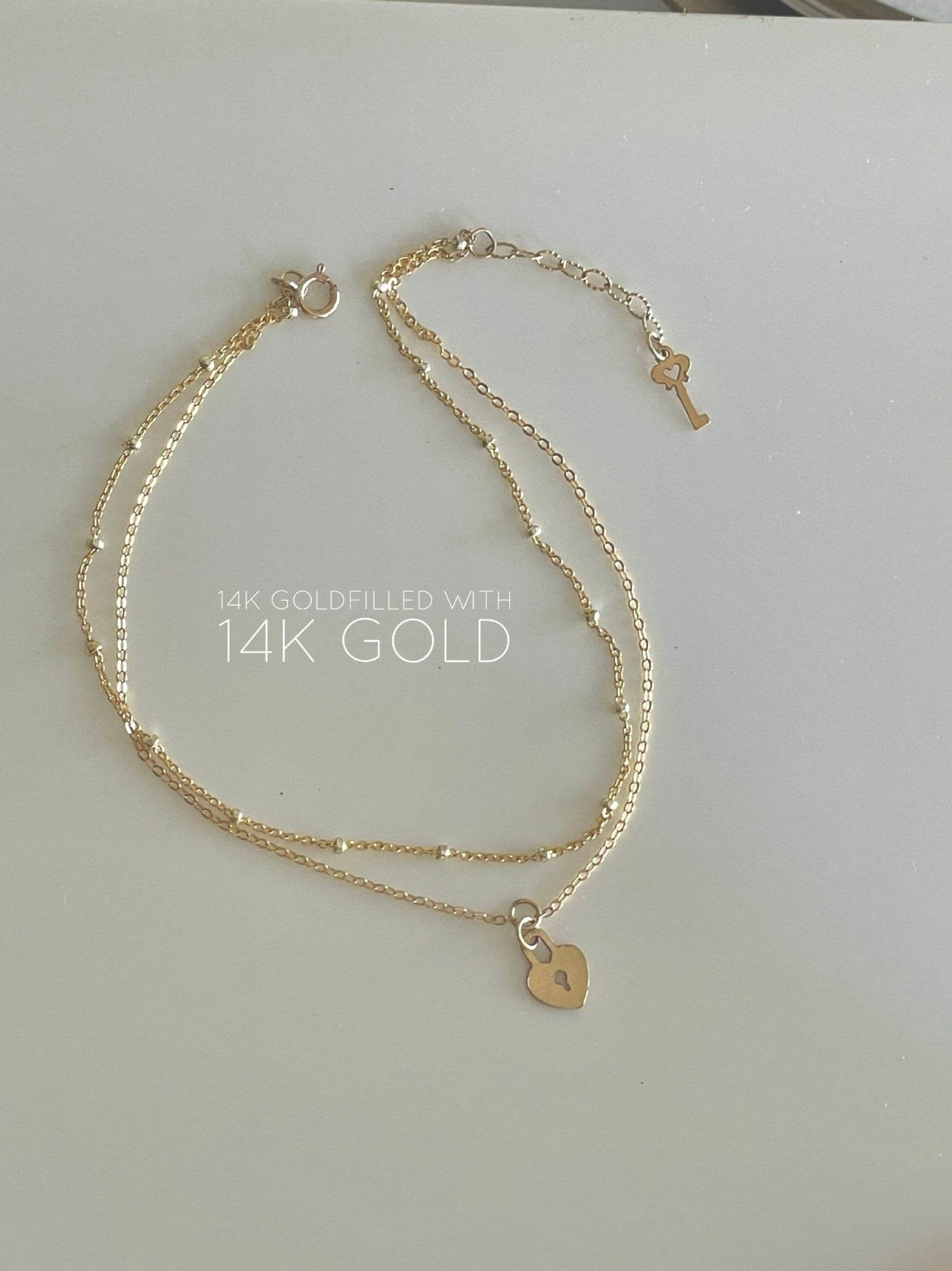 14KGF Gold Heart Lock and Key Double Stranded Anklet 14K Gold-Filled with 14K Solid Gold Dainty Anklet Gift for her