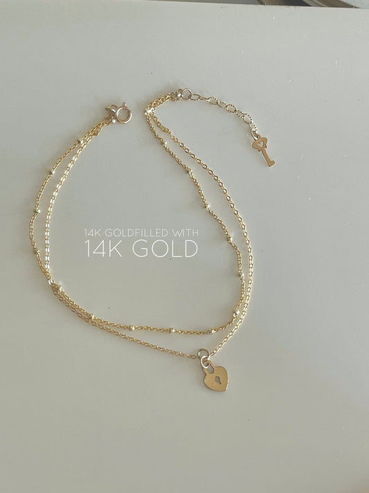 14KGF Gold Heart Lock and Key Double Stranded Anklet 14K Gold-Filled with 14K Solid Gold Dainty Anklet Gift for her