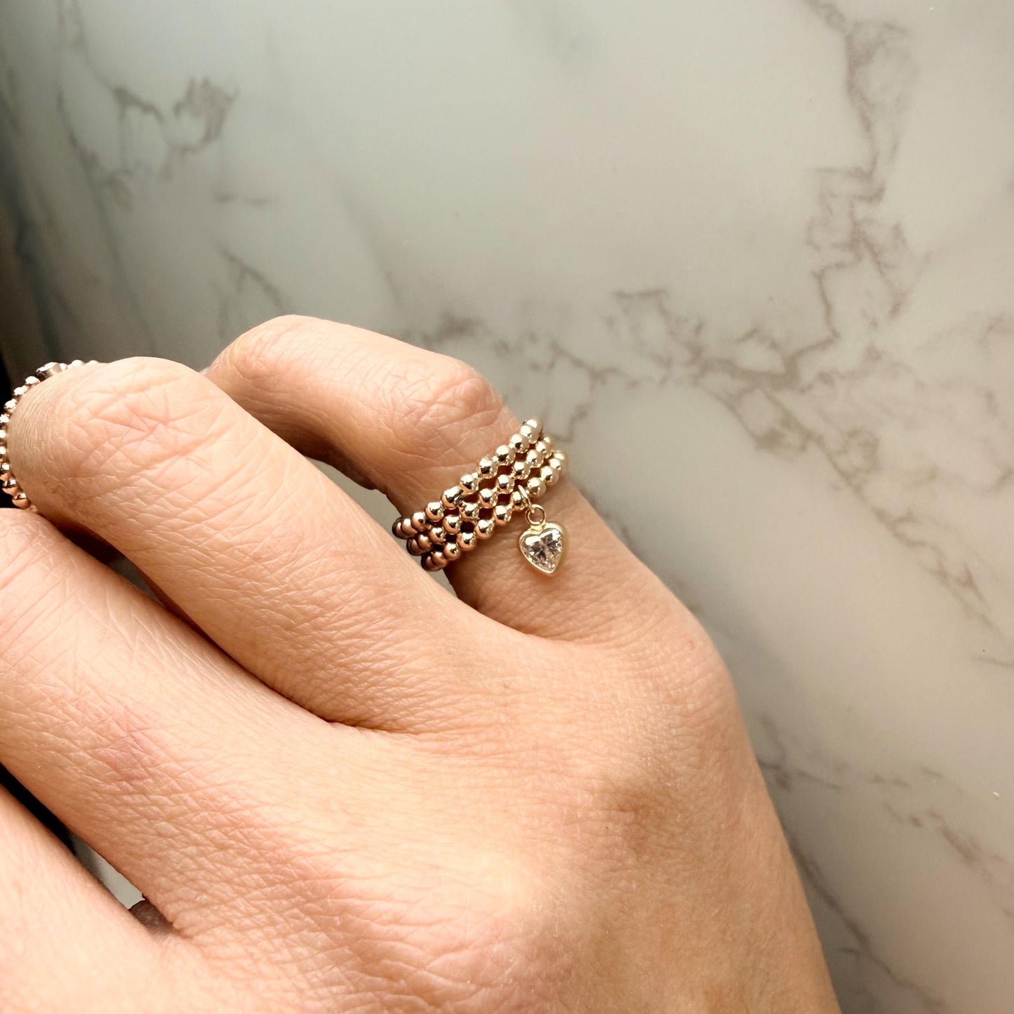 Belief Diamond Collection - Gold Filled Beaded Ring with Heart Charm, Triple Beaded Band, Stackable Pinky Ring, 4mm Moissanite Diamond or CZ