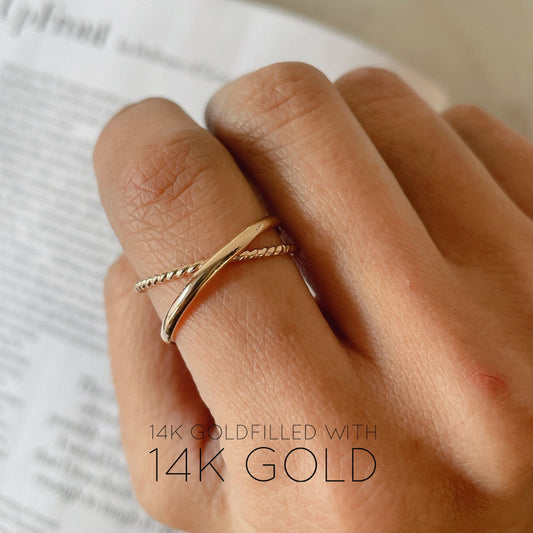 14K Gold Filled Crossing Ring: Minimalist Interlocking Band