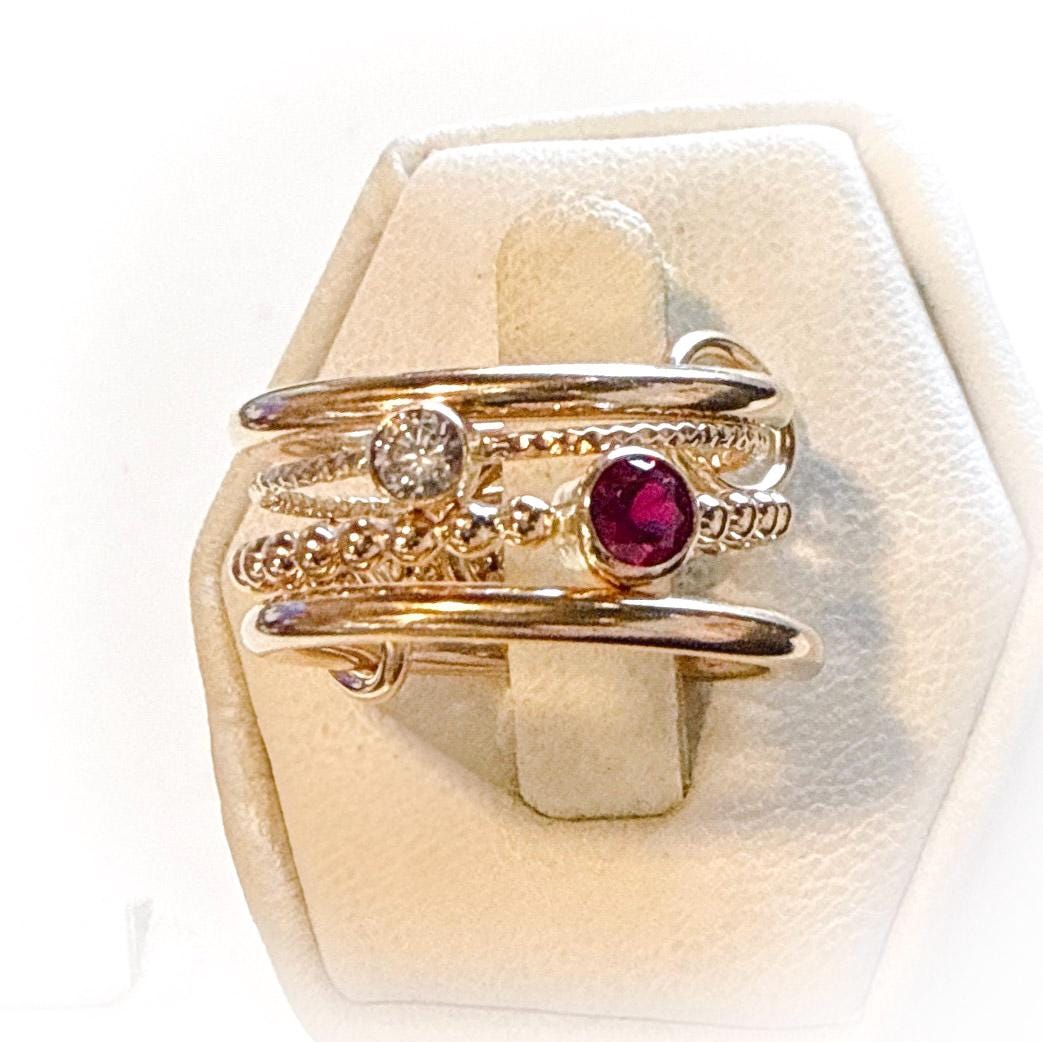 14KGF Gold Multi-Stone Ring: Garnet Bezel Connected Ring January Birth Stone (R18)