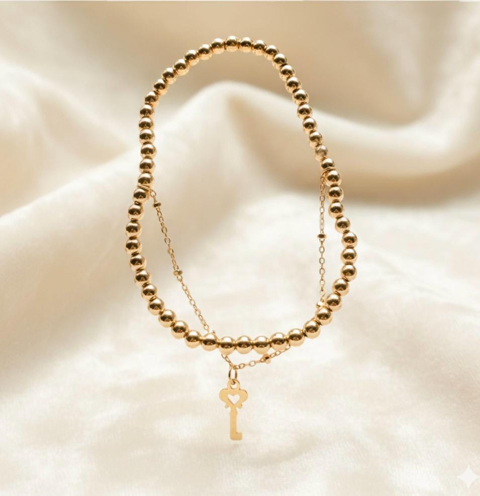 14KGF Dual Chain 3mm Gold Filled Beaded Bracelet | Easy Layered Look with Dainty Key Charm (B10)