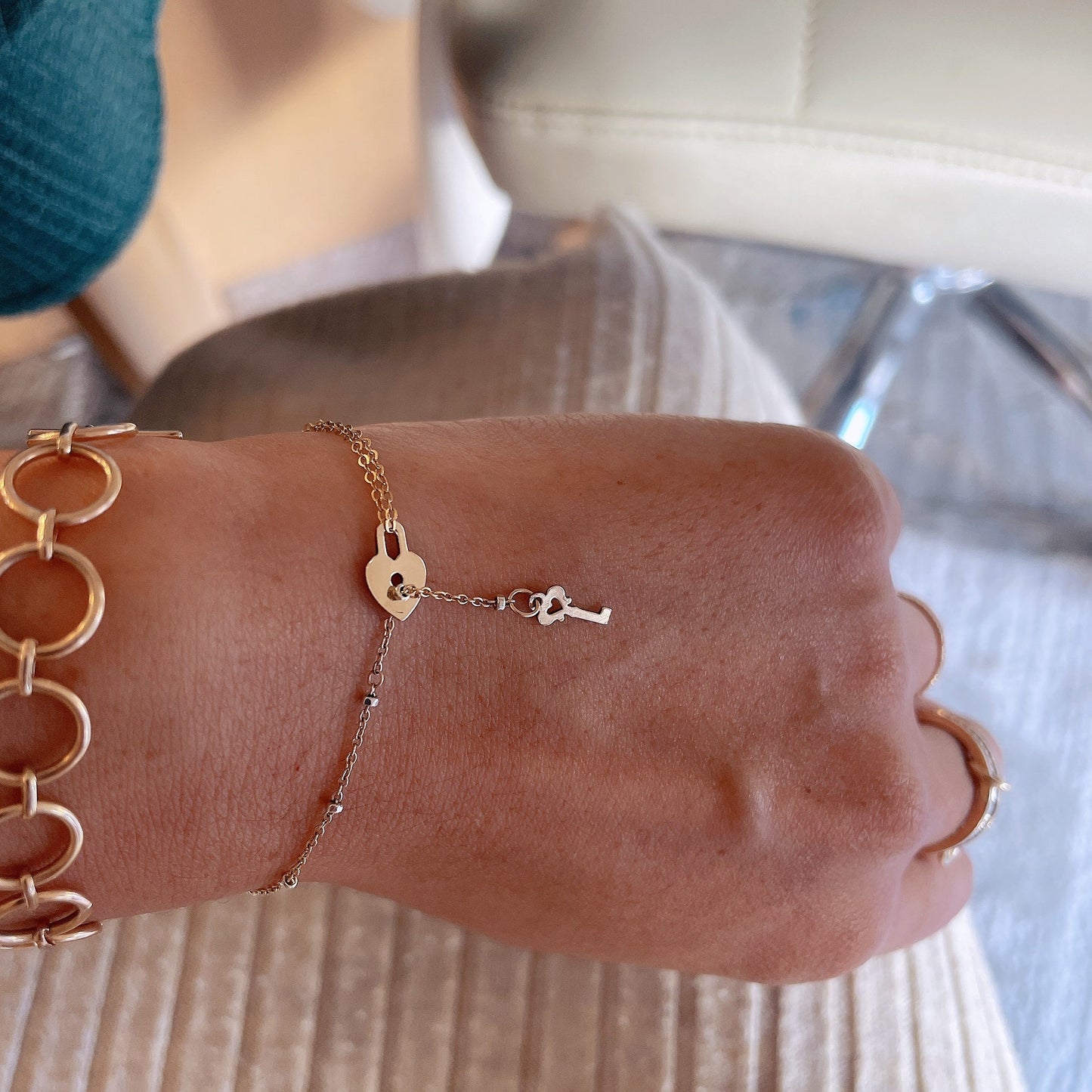 14KGF Gold Heart Lock and Key Bracelet 14K Gold-Filled with 14K Solid Gold Dainty Bracelet Double Strand Bracelet Everyday Bracelet 14K 1/20