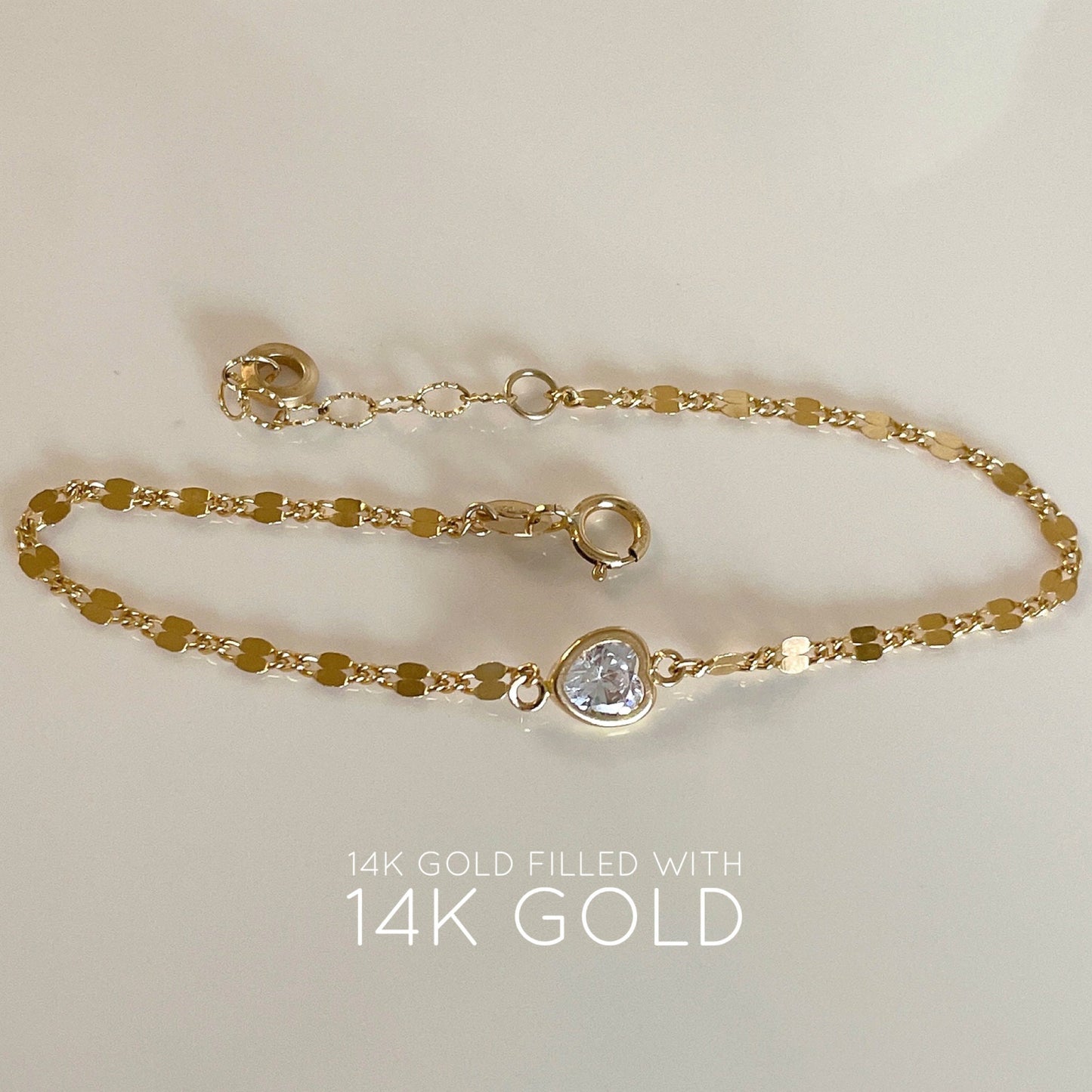 14KGF Solitaire CZ Bracelet: Minimalist Curb Chain Charm