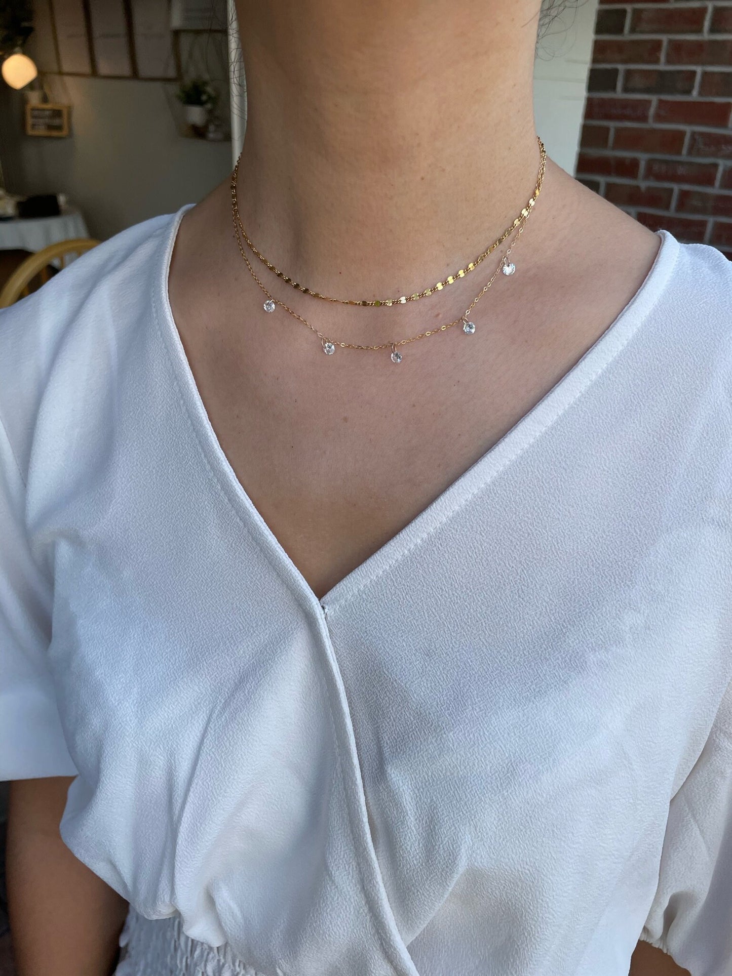 14KGF Dangle Necklace: Diamond CZ Choker with 14K Solid Gold