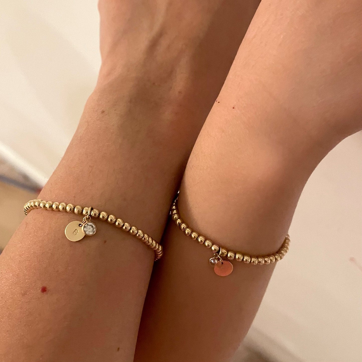 14K Gold Filled Beaded Bracelet with Initial Disc & CZ