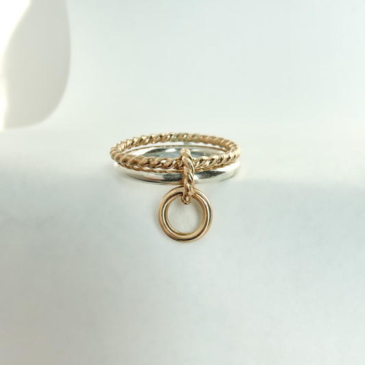 Belief GF Link Ring Two-Tone Connected Dangle Rings: 14KGF Gold and Sterling Silver Stacking Ring Twist Point Dangle