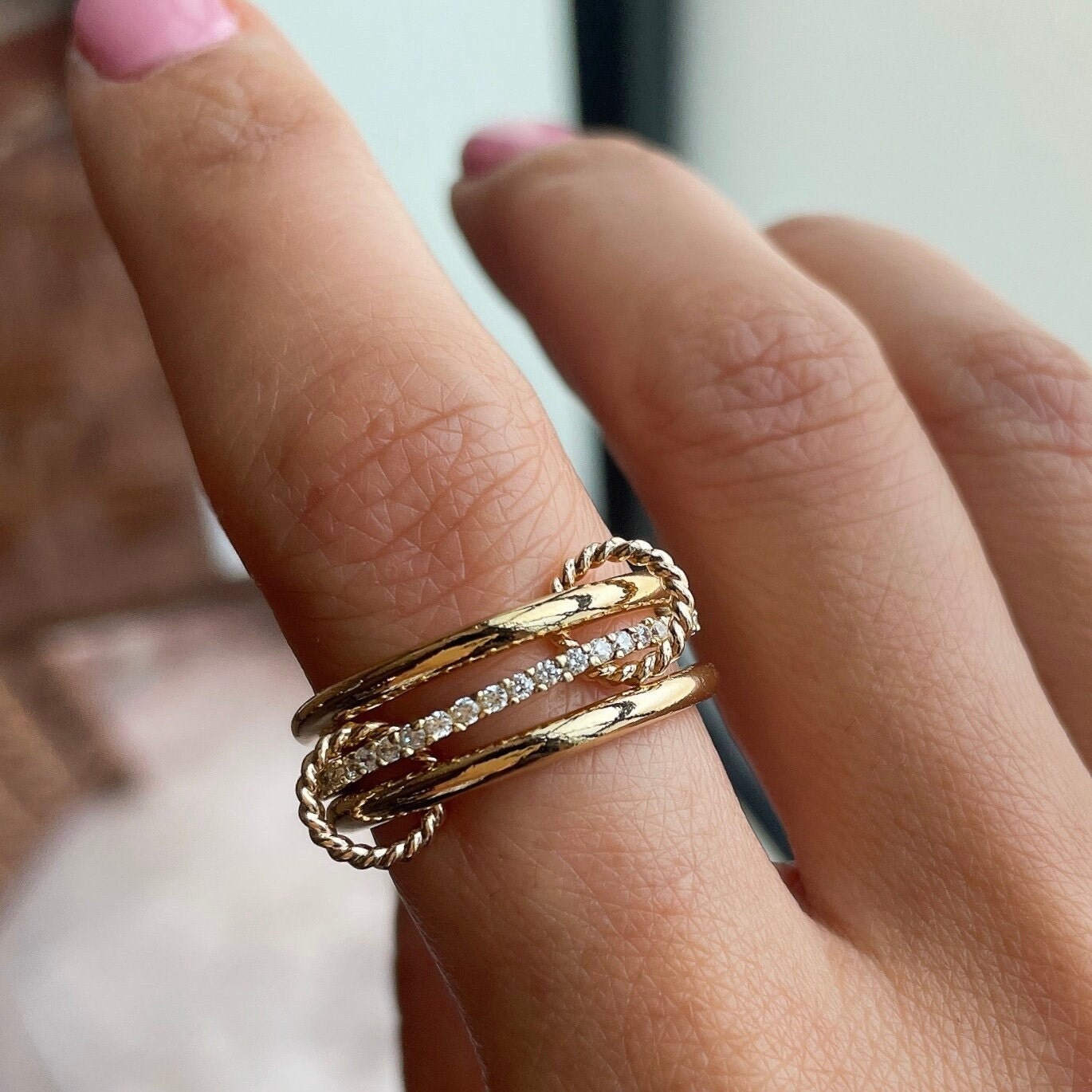 14KGF Gold Multi-Link Ring: Sia Ring Chunky Interlocking Statement Ring (R4)