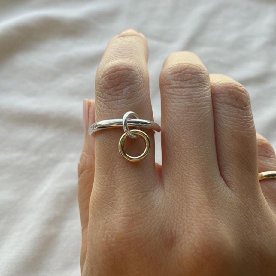 Two-Tone Connected Dangle Rings: 14KGF Gold and Sterling Silver Stacking Ring