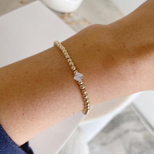 14KGF 3mm Gold Beaded Solitaire Bracelet, Square Diamond CZ Point, Gold Bead Bracelet, Gold Filled Bead Bracelet 1/20 14K
