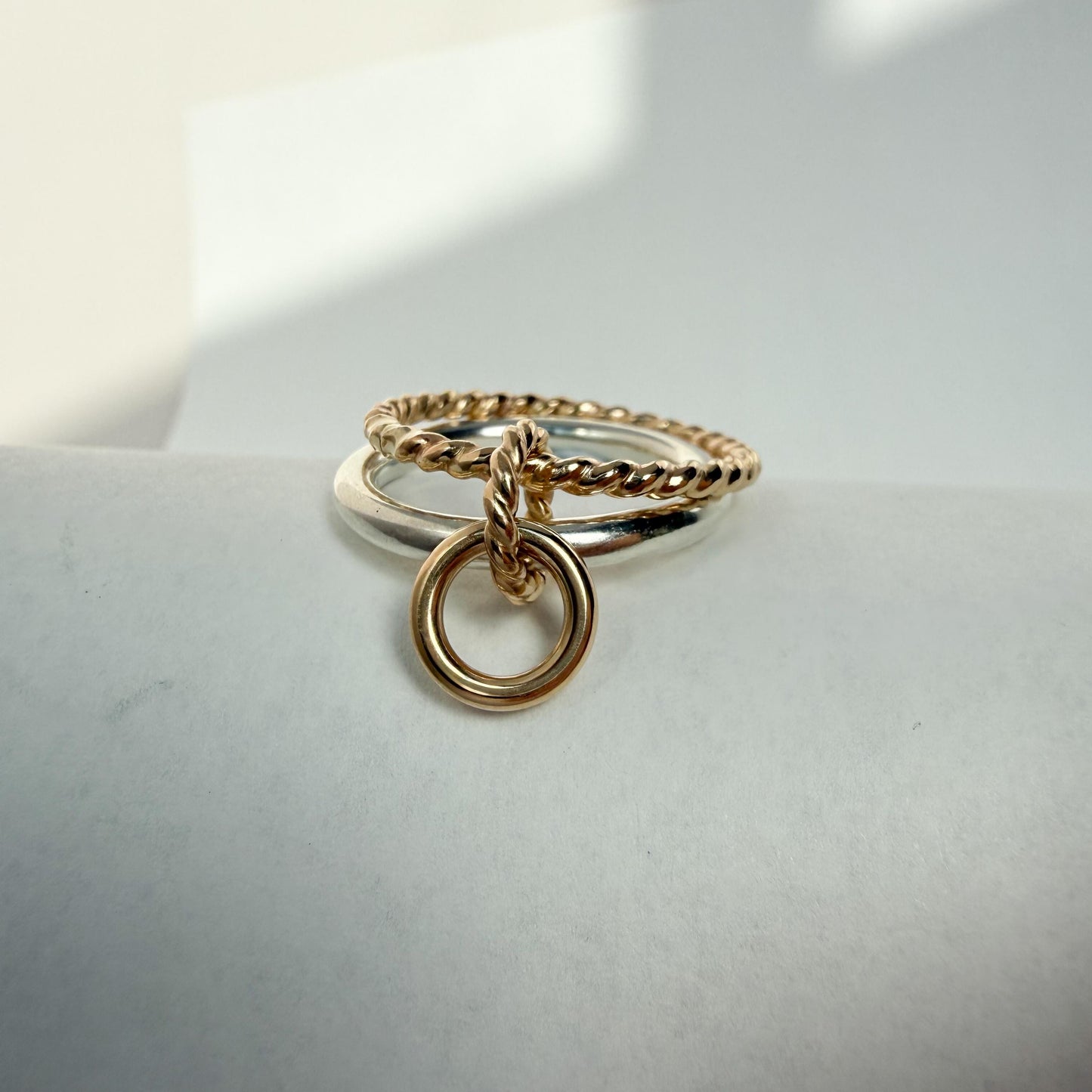 Belief GF Link Ring Two-Tone Connected Dangle Rings: 14KGF Gold and Sterling Silver Stacking Ring Twist Point Dangle