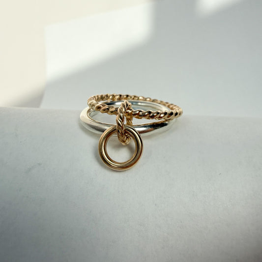 Belief GF Link Ring Two-Tone Connected Dangle Rings: 14KGF Gold and Sterling Silver Stacking Ring Twist Point Dangle
