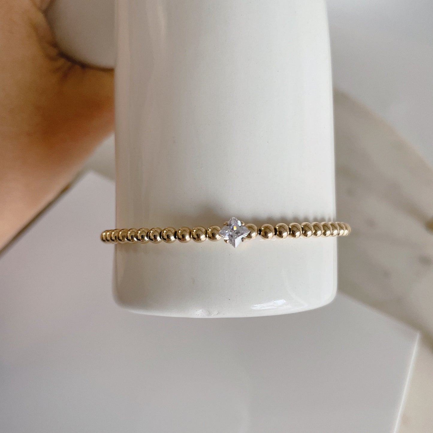 14KGF 3mm Gold Beaded Solitaire Bracelet, Square Diamond CZ Point, Gold Bead Bracelet, Gold Filled Bead Bracelet 1/20 14K