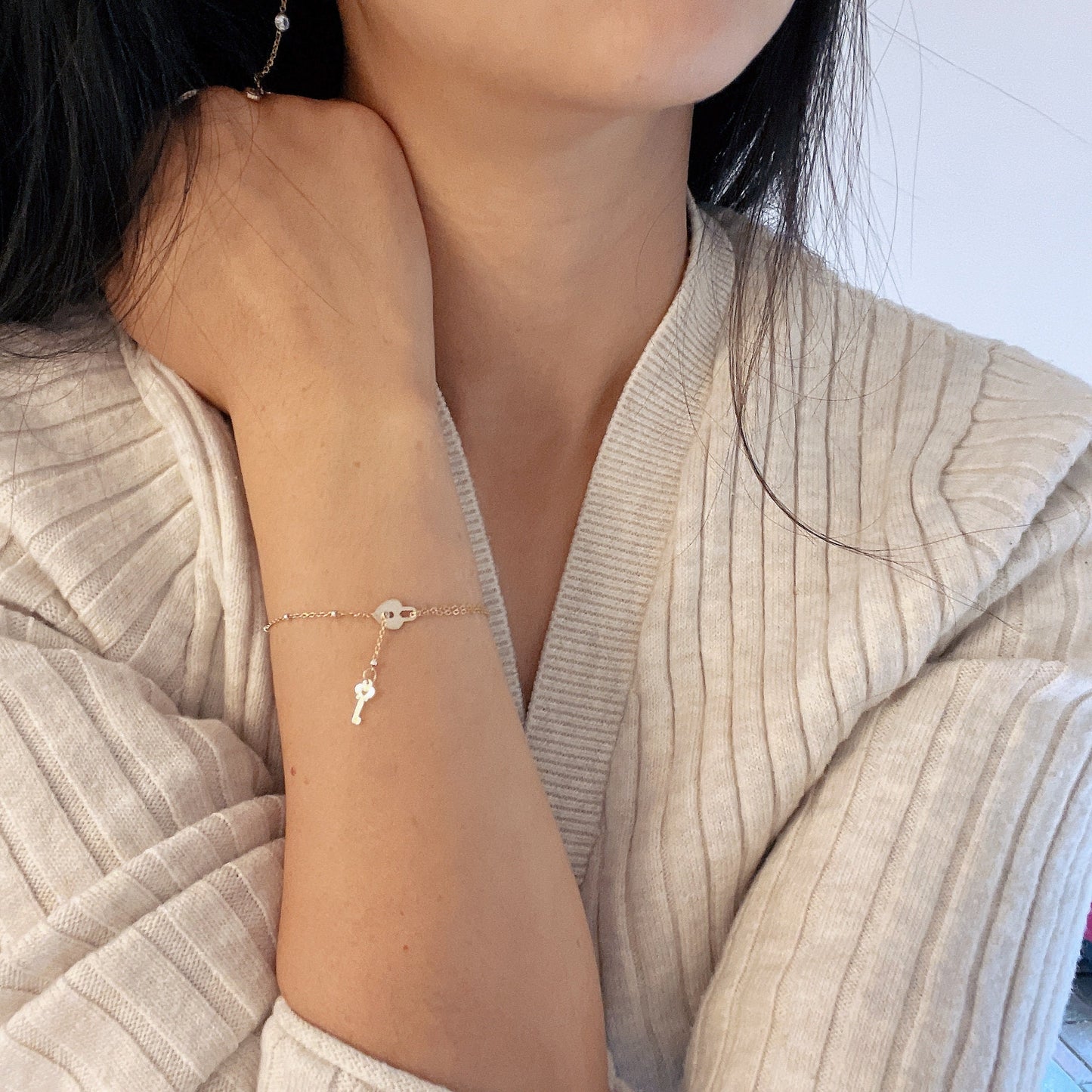 14KGF Gold Heart Lock and Key Bracelet 14K Gold-Filled with 14K Solid Gold Dainty Bracelet Double Strand Bracelet Everyday Bracelet 14K 1/20