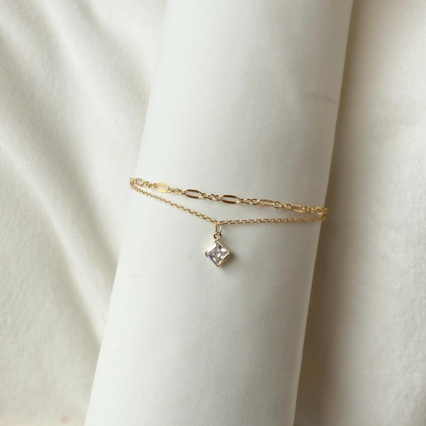 14KGF Gold Filled Double Chain Bracelet with Diamond Square Charm | Mix and Match Design | 1/20 14K Stamped