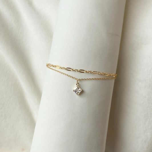 14KGF Gold Filled Double Chain Bracelet with Diamond Square Charm | Mix and Match Design | 1/20 14K Stamped