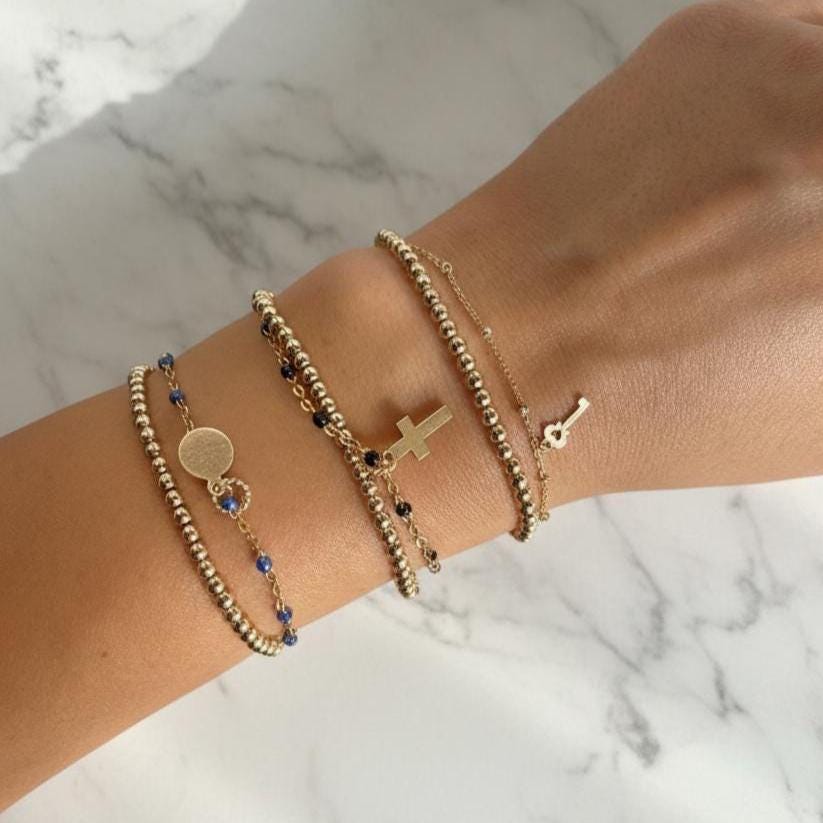 14KGF Dual Chain 3mm Gold Filled Beaded Bracelet | Easy Layered Look with Dainty Key Charm | Gold Filled Enameled Chain (B10, B11, B12)