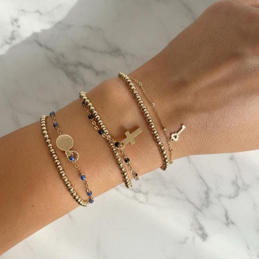 14KGF Dual Chain 3mm Gold Filled Beaded Bracelet | Easy Layered Look with Dainty Key Charm | Gold Filled Enameled Chain (B10, B11, B12)