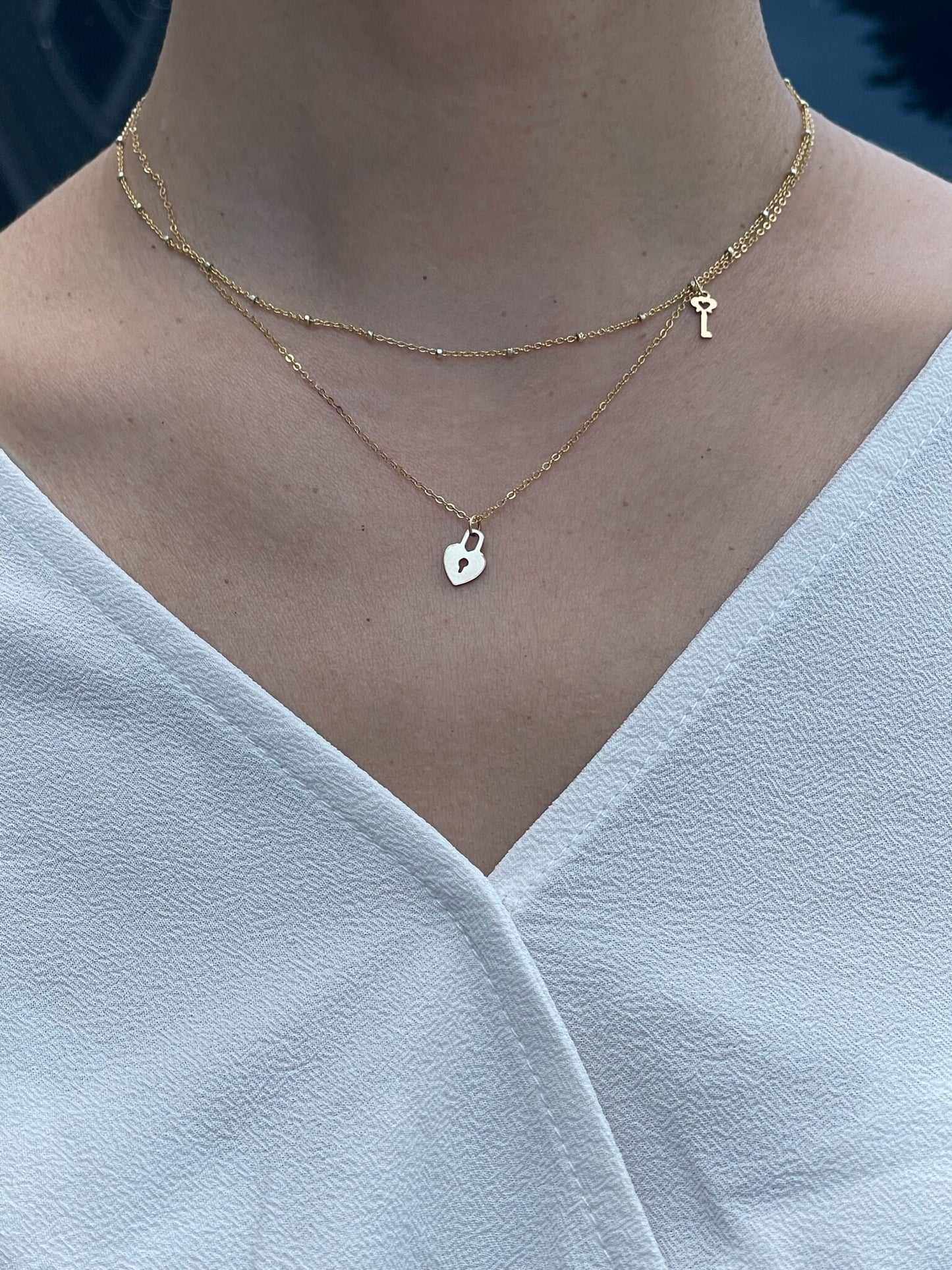 14K Gold-Filled Heart Lock and Key Double Strand Necklace