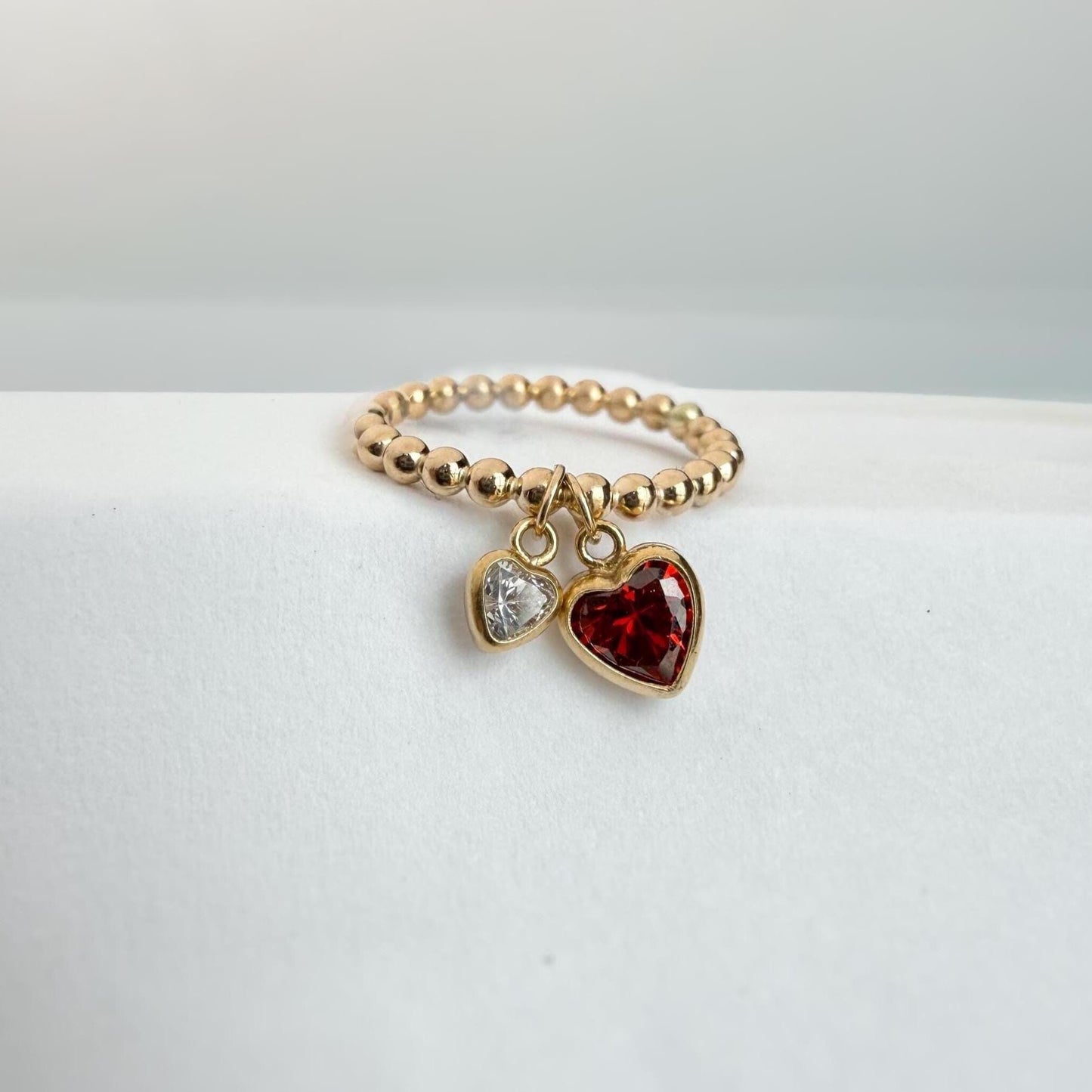 14K Gold-Filled Double Heart Diamond CZ Ring – Dainty Beaded Band