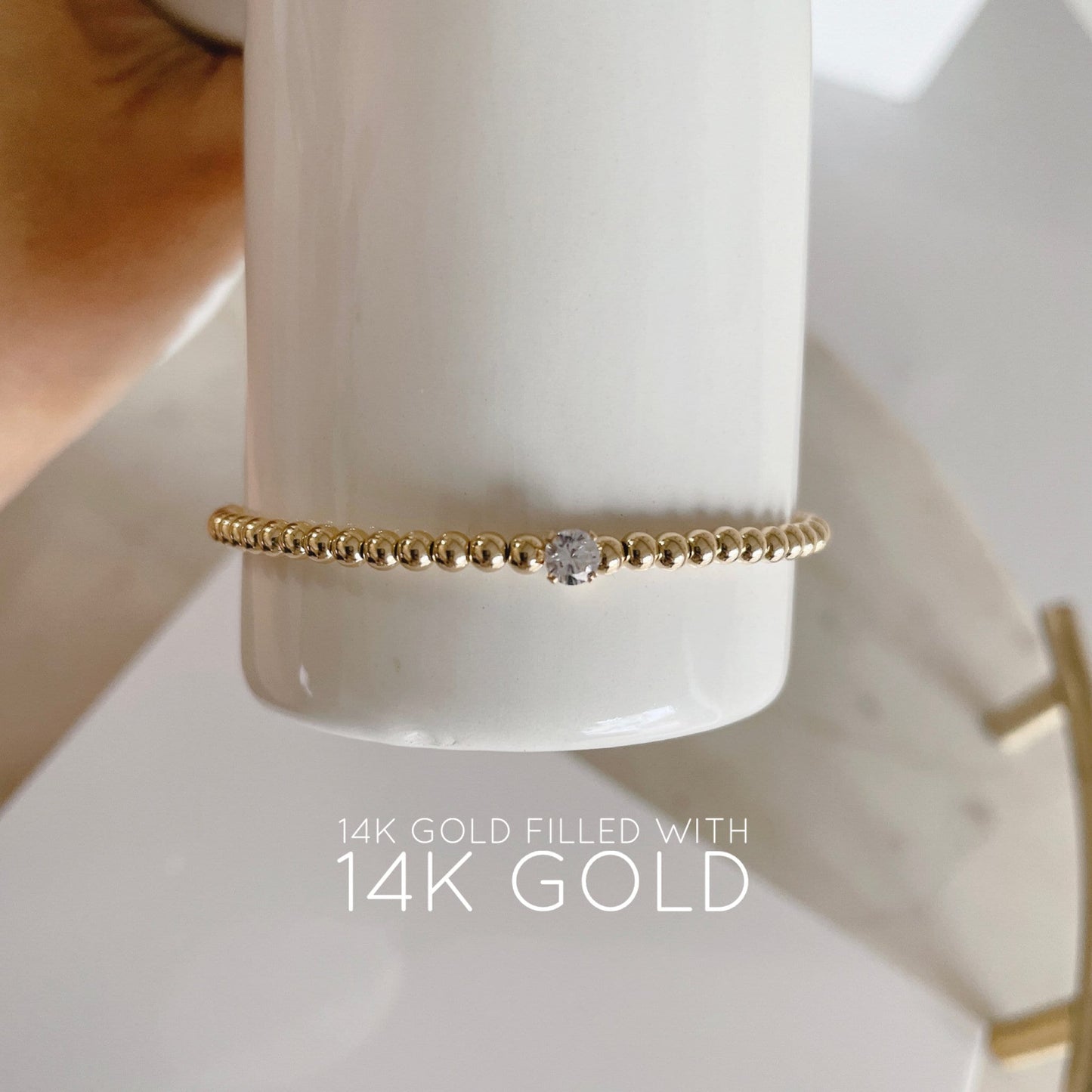 Belief Diamond Collection - 14K Gold Filled 3mm Beaded Bracelet with 0.25 ct Lab Diamond Solitaire | Double Strand Stretch Elastic Band