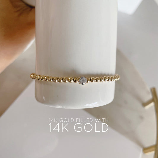 Belief Diamond Collection - 14K Gold Filled 3mm Beaded Bracelet with 0.25 ct Lab Diamond Solitaire | Double Strand Stretch Elastic Band