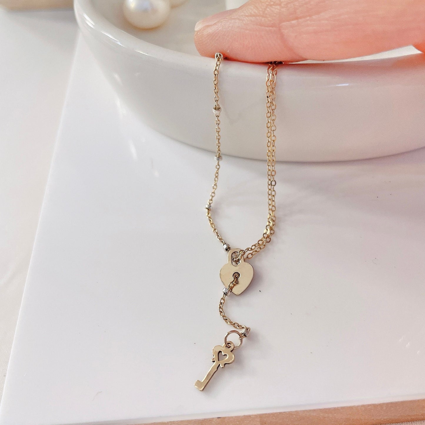 14KGF Gold Heart Lock and Key Bracelet 14K Gold-Filled with 14K Solid Gold Dainty Bracelet Double Strand Bracelet Everyday Bracelet 14K 1/20