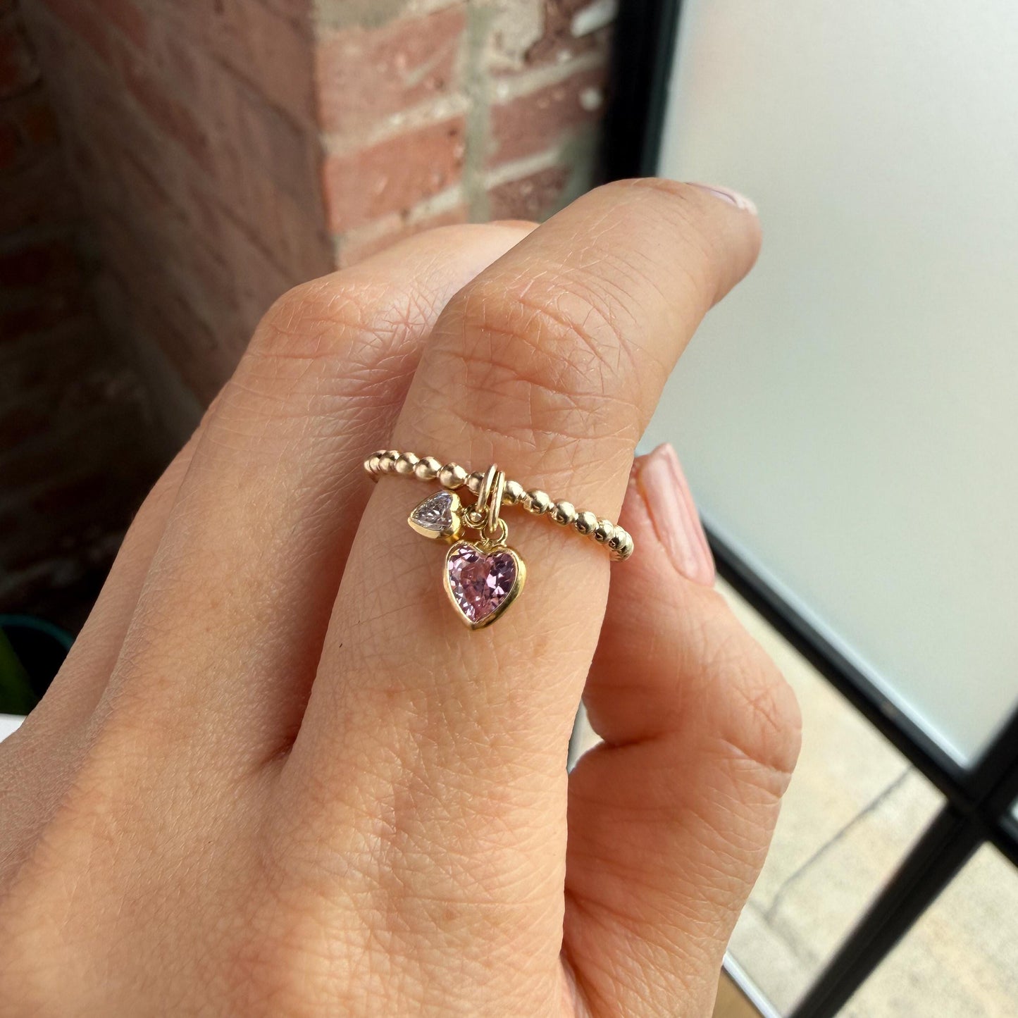 14K Gold-Filled Double Heart Diamond CZ Ring – Dainty Beaded Band