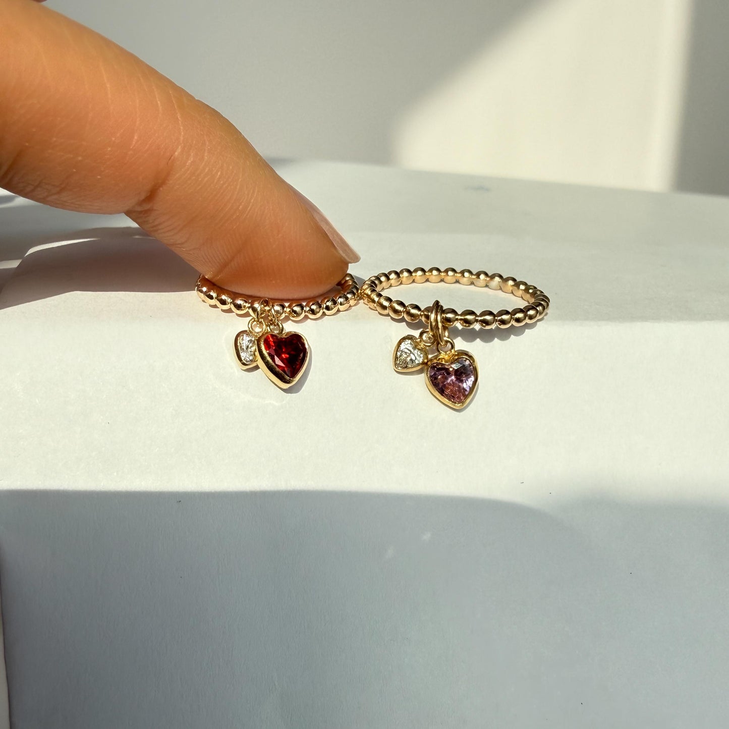 14K Gold-Filled Double Heart Diamond CZ Ring – Dainty Beaded Band